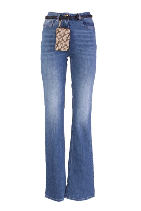 Shop ELISABETTA FRANCHI  Jeans: Elisabetta Franchi flared jeans with embroidery.
Stretch cotton.
Regular waist.
Logo embroidery on back pocket.
Waistline emphasized by a belt with detachable jacquard raffia wallet.
Golden metal buttons.
Composition: 55% Polyester 45% Polyamide.
Made in Italy.. PJ55I42E2-192